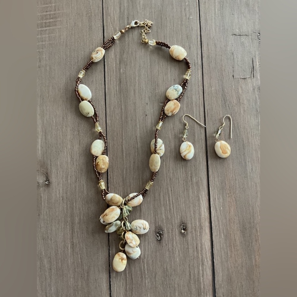 Latasia Vintage Beaded Necklace & Earring Set Boho Cluster Y2K Earthy Cream